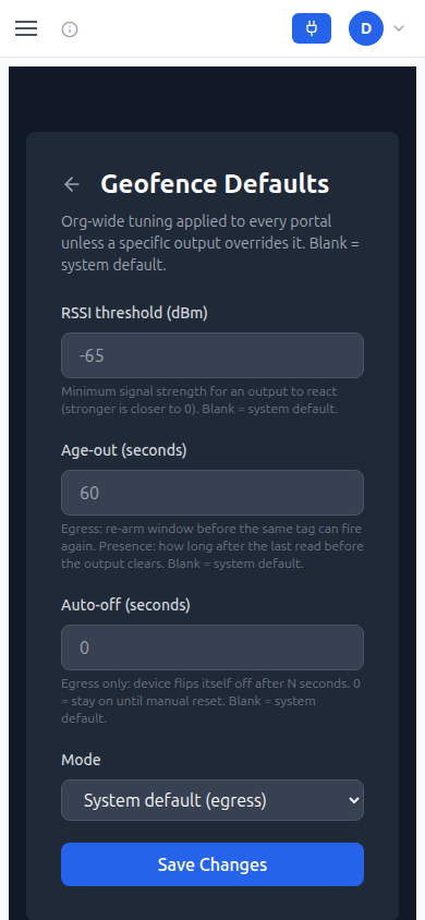 Geofence defaults mobile screenshot